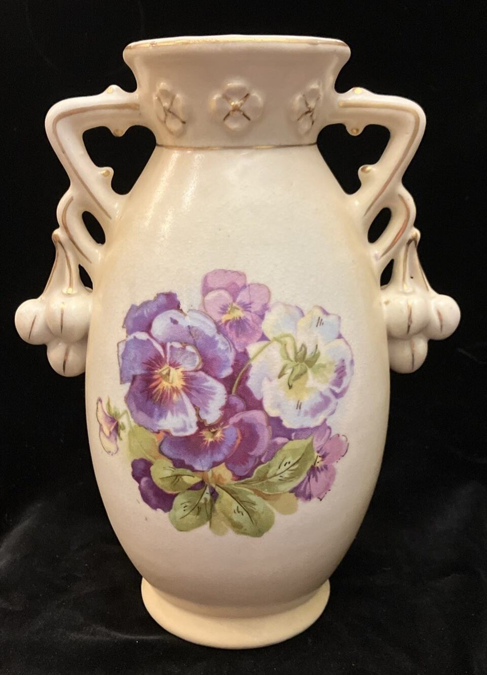 Imperial Austria Art Nouveau Porcelain Antique Vase Pansy Cherry Gold Gilt Trim